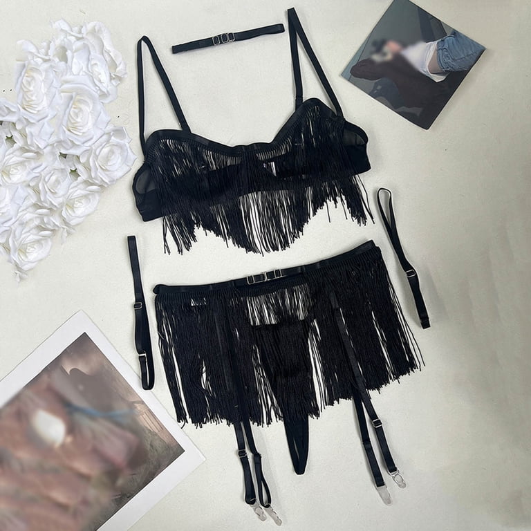 Women Sexy Lingerie Set Sheer Mesh Bra with Fringe Trim Exotic Underwear  for Anniversary Occasions