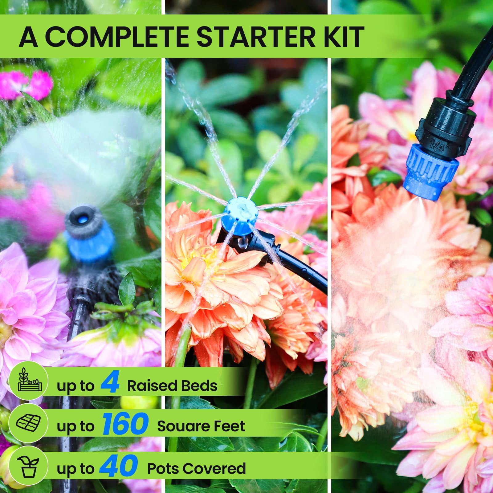 Drip Irrigation System 230FT/247FT – Quick Connect Garden Watering Kit with Adjustable Drip Emitters, 1/4” & 5/16” Tubing for Raised Beds Greenhouse Lawn Automatic Timer Compatible