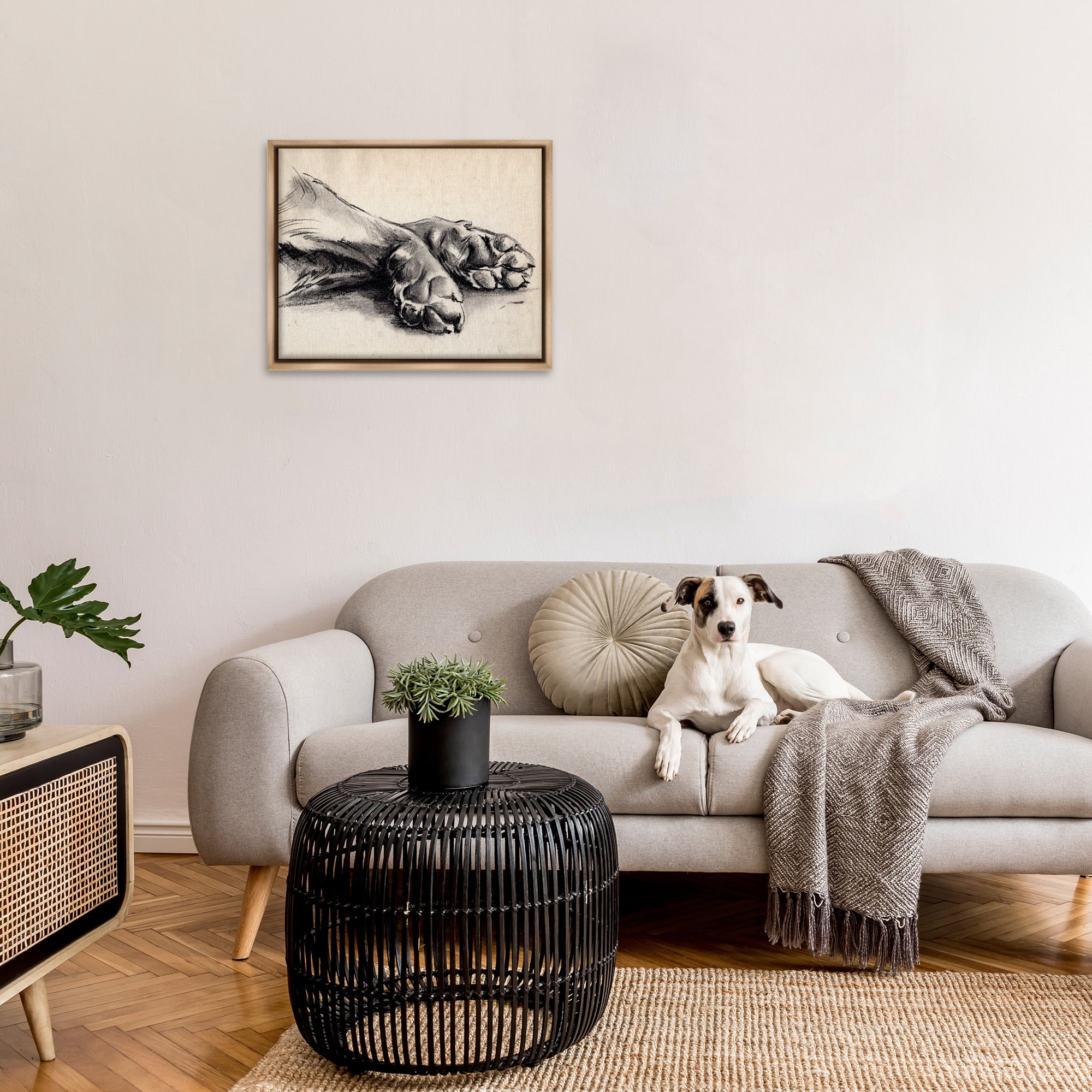 Stupell Industries Dog Paw Charcoal Design Animals & Insects Drawing Brown Floater Framed Canvas Art Print Wall Art, 31 x 25