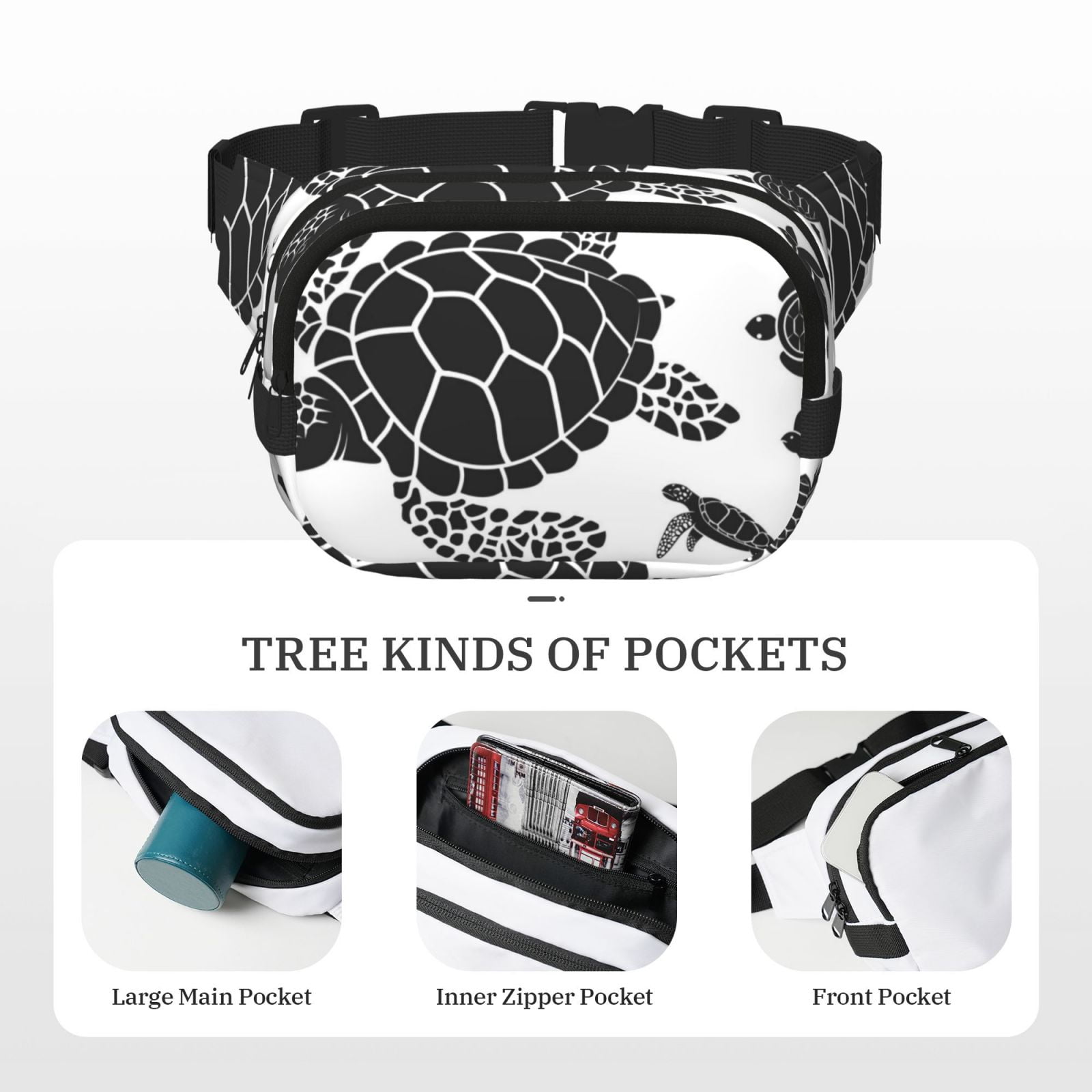 Picia Family Of Sea Turtles Print Square Double-Layer Waist Bag Mini Adjustable Waist Belt Bag Exercise Running Travel Hiking