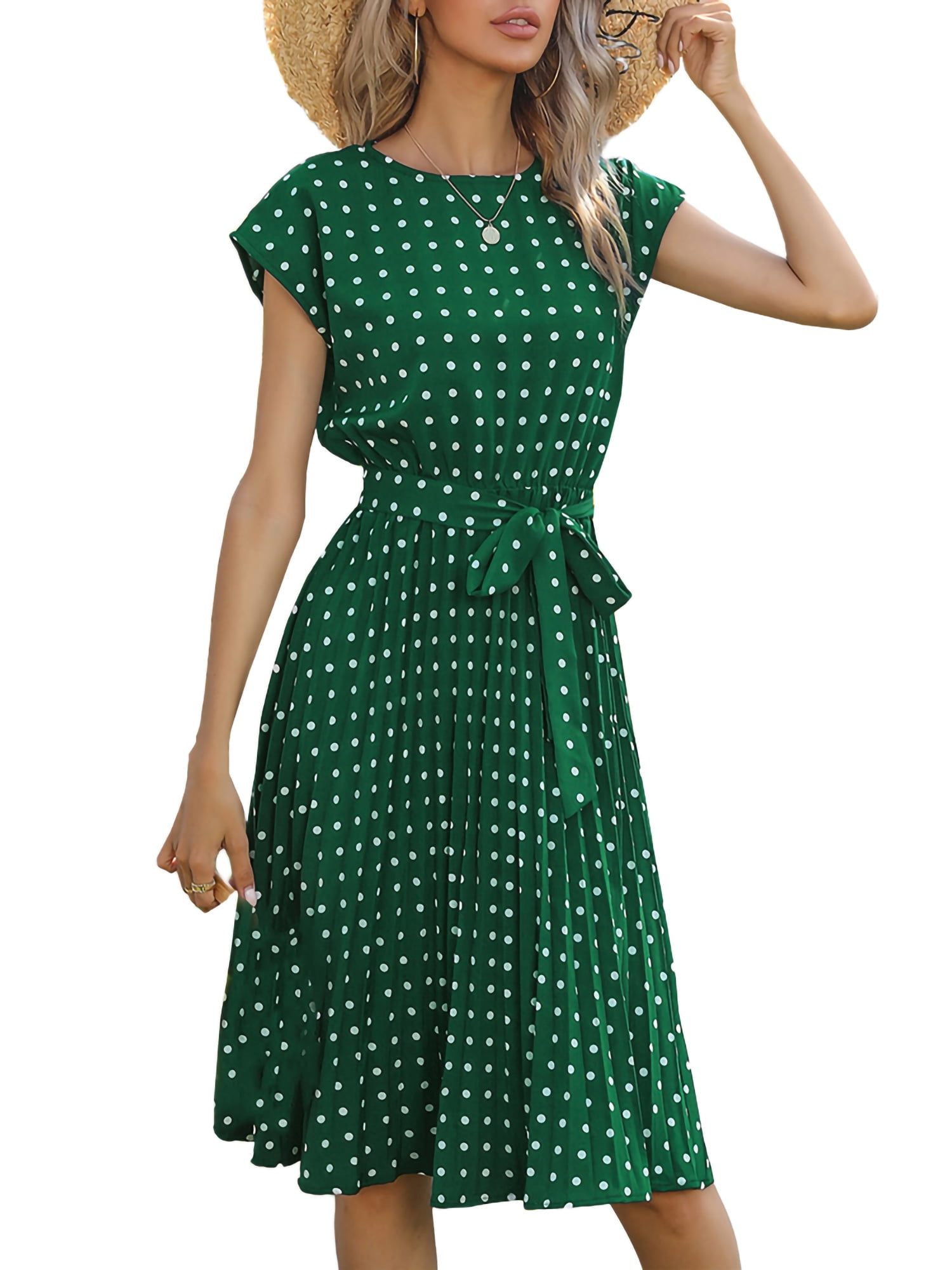 Women S High Waist Belt Short Sleeve Crew Neck Dots Dresses Ruffled Casual Summer Flowy Dresses Swing Party Cocktail Dress Walmart Com