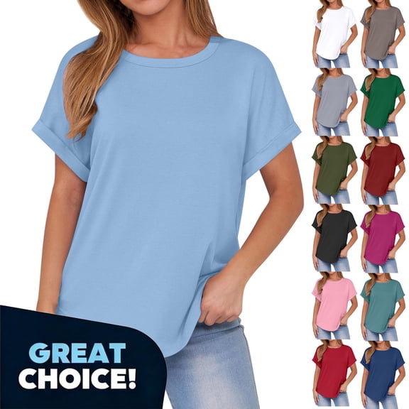 YODETEY Women’s Crewneck T-Shirt with Shorts Sleeve, Soft Cotton-Blend Everyday Shirts Tops Blouses , Women's Plus Hot Pink,Size S