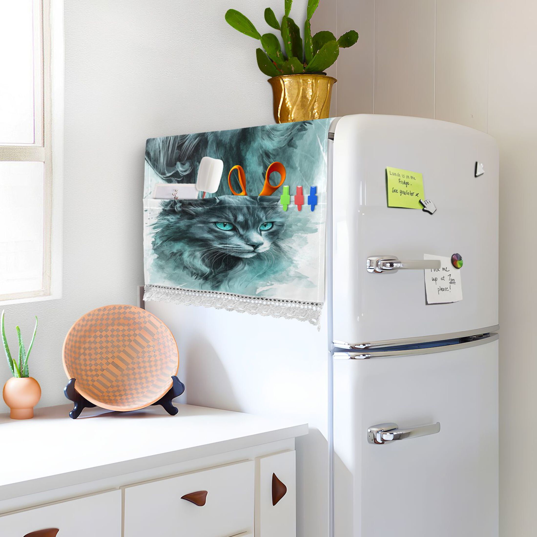 A Grey Cool CatWasher and Dryer Covers Dust-Proof and Oil Resistant Fridge Cover with 4 Storage Pockets Washing Machine Top Cover for Laundry Kitchen Home 51.2 x 22 In