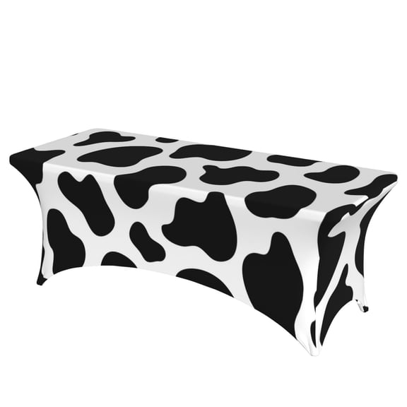 Black And White Cow Skin Print Stretch Rectangular Table Cover 6FT Elastic Fitted Tablecloth for Parties, Weddings, Banquets