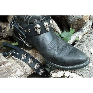 Biker Boots Boot Chains Black Topgrain Cowhide Leather with Cast Skulls