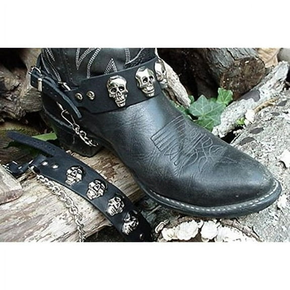 Biker Boots Boot Chains Black Topgrain Cowhide Leather with Cast Skulls