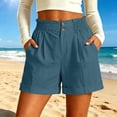 thumbnail image 3 of Hurxie Womens Summer High Waisted Cuffed Shorts Back Elastic Waistband Pleated Linen Shorts with Pockets Light Blue,M, 3 of 6