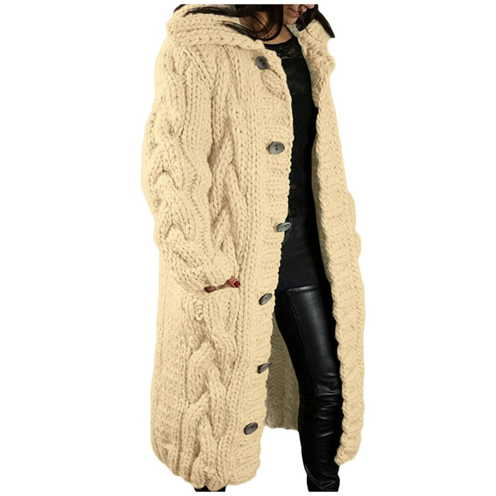 Women‘s Long Large Classic Cardigans Cable Knit Hood Sweater Oversized Button Duster Coat with Pocket 2024