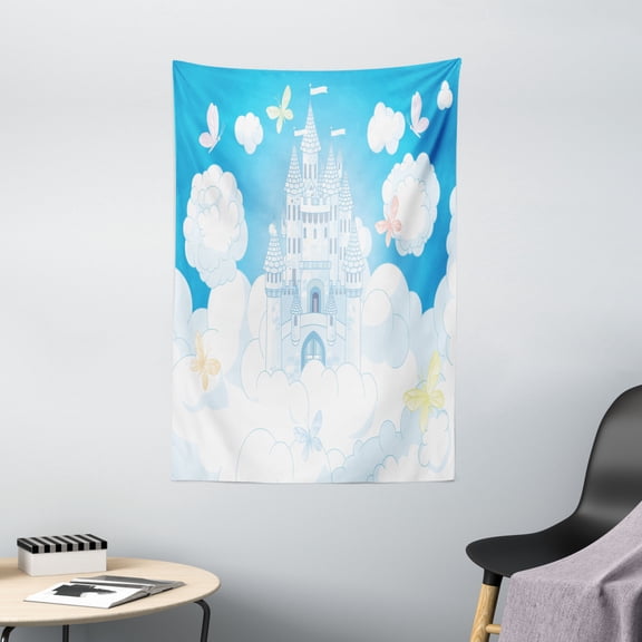 Fairy Tapestry, Illustration of a Fairy Tale Castle Clouds in the Sky and Butterflies Print, Wall Hanging for Bedroom Living Room Dorm Decor, 40W X 60L Inches, White and Sky Blue, by Ambesonne