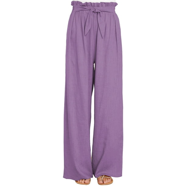 Sunloudy Pantalones casuales de pierna ancha para mujer, pantalones sueltos de longitud completa de cintura media atados de color sólido para damas, S / M / L / XL / XXL Sunloudy S M L XL XXL