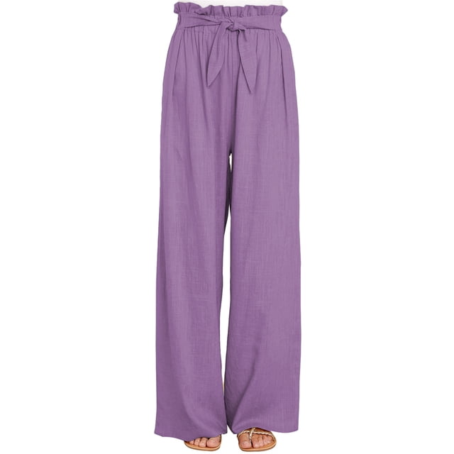 Sunloudy Pantalones casuales de pierna ancha para mujer, pantalones sueltos de longitud completa de cintura media atados de color sólido para damas, S / M / L / XL / XXL Sunloudy S M L XL XXL