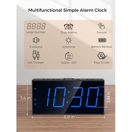 GVDCC-Large Display Alarm Clock for Bedroom, Easy to Read 7.5 LED Clock with Big Numbers, Dual Alarm for Couples, 5-Level Dimmer, Loud Alarm for Heavy Sleepers, USB Charger, Plug-in with Battery Bac