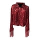 thumbnail image 4 of Chaqueta de lentejuelas para mujer con borlas, abrigo de solapa de manga larga, cárdigan abierto al frente para rojo, 4 of 7