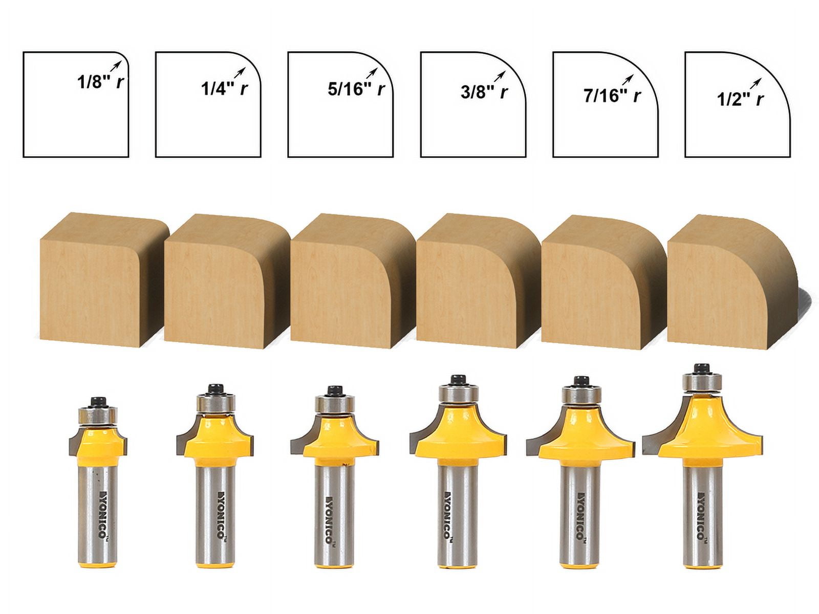 6 bit Round over Router Bit Set - 1/2" Shank - Yonico 13622