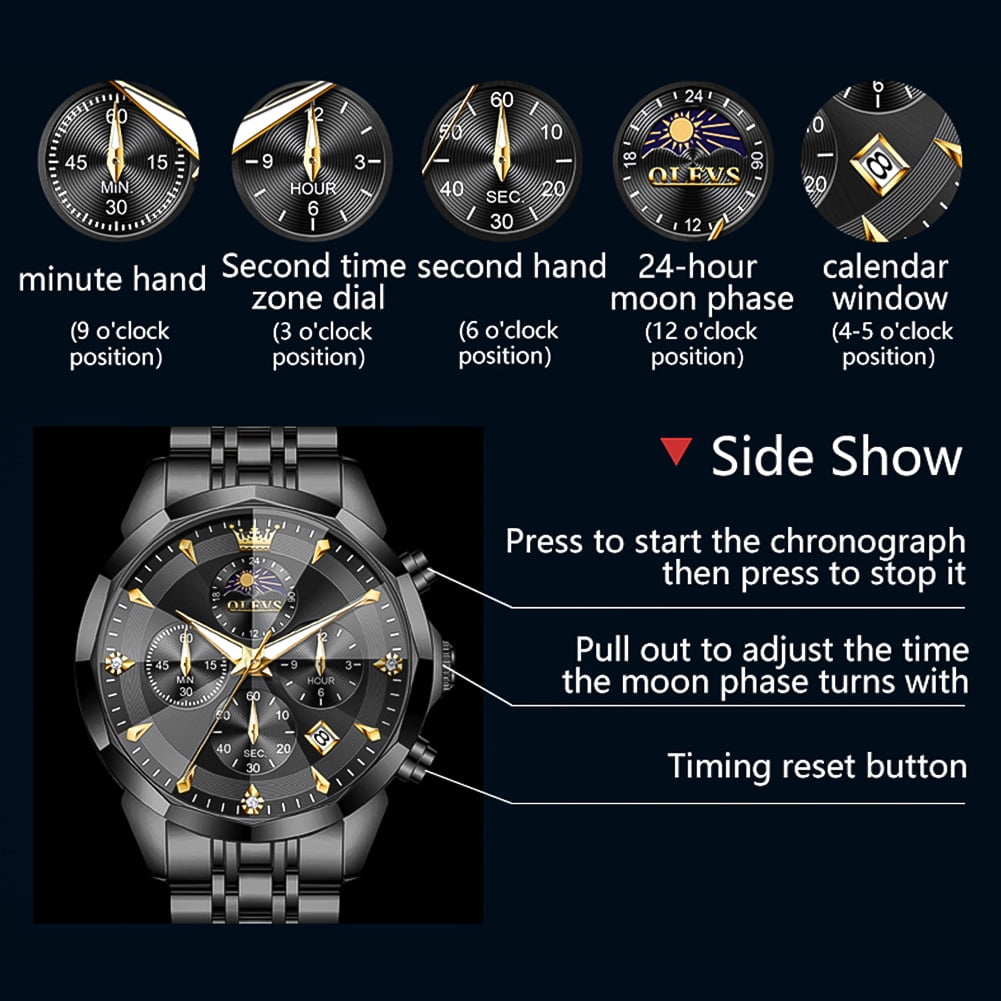 OLEVS Watches For Men Business Dress Luxury Casual Chronograph Multifunction Analog Quartz Stainless Steel Waterproof Luminous Moon Phase Date Men Wrist Watches Reloj Para Hombre Black Dial