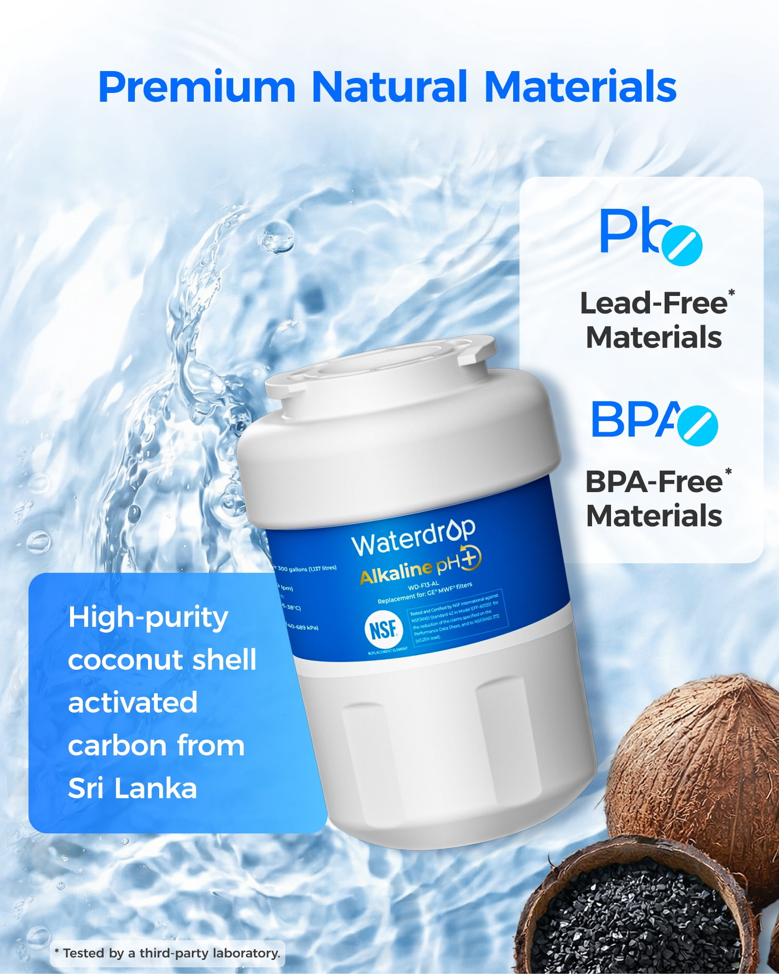 Waterdrop Alkaline WD-F13 Replacement for GE® MWF®, SmartWater® MWFP, MWFINT, MWFA, GWF, HDX FMG-1, GSE25GSHECSS, WFC1201, RWF1060, Enhances pH Refrigerator Water Filter