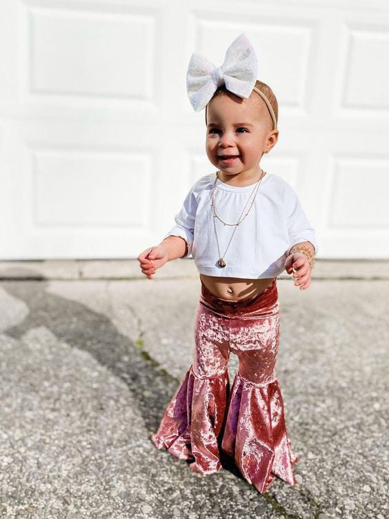 GOOCHEER Infant Toddler Baby Girl Fall Outfits Velvet Romper Bow Long Flare Sleeve Jumpsuit Bodysuit Off Shoulder Clothes