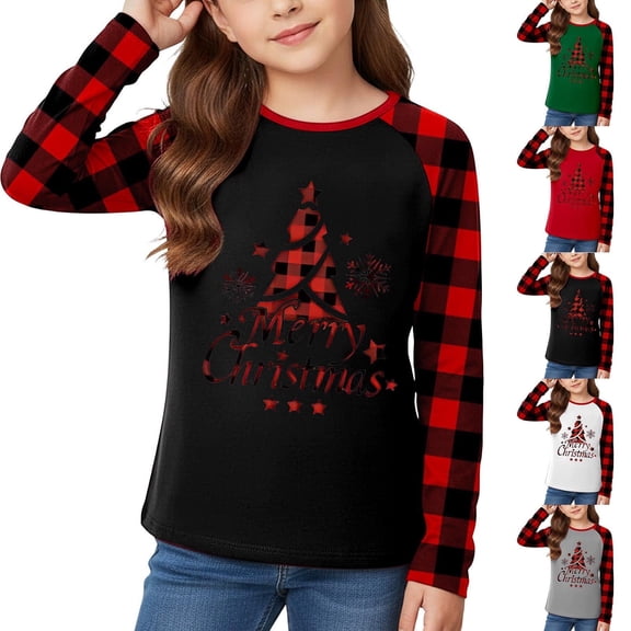 Ulanda Christmas Shirts for Kid Merry and Bright Shirt Christmas Tree Plaid Leopard T-Shirt Raglan Shirt Xmas Holiday Tee Top (Black, 9-12 Years)