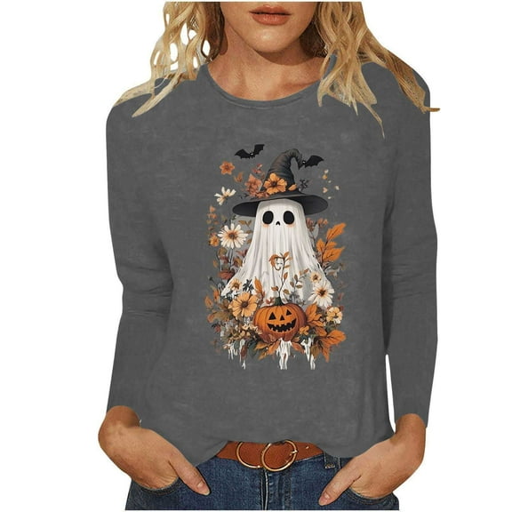 Karight Halloween Shirts for Women Long Sleeve Tshirts Ghost Spooky Season Graphic Crewneck Sweatshirts 2025