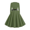 thumbnail image 6 of Women's Midi Dress Long Sleeve Crew Neck Solid Color Vintage Casual Belted Waist Dress for Spring Fall Everyday Wear,Green,XL, 6 of 6