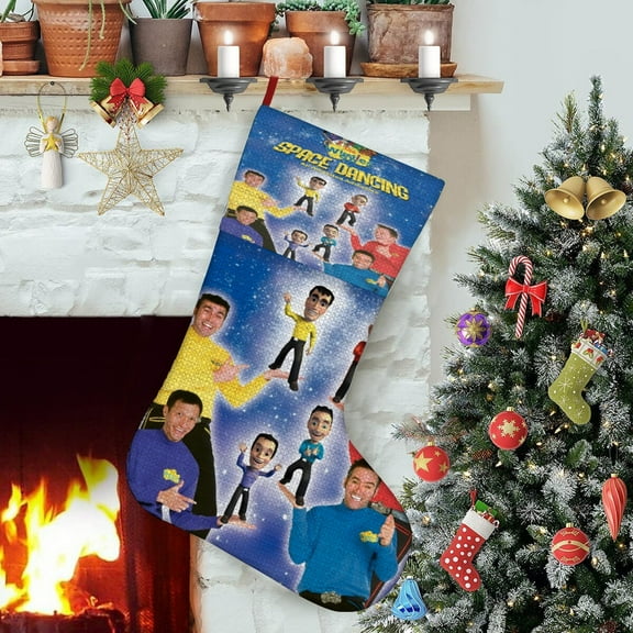 Wiggles-theme Christmas Stockings，Fine white linen for Stairs Fireplace Hanging Xmas Home Decor Christmas gift17.7"X12.6"(45cm×32cm)