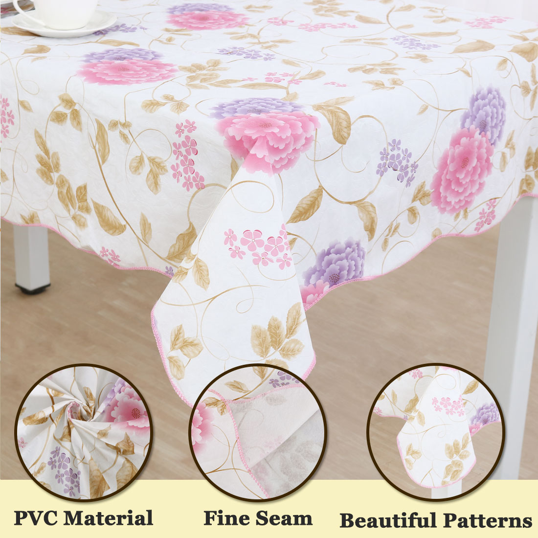 Unique Bargains Vinyl Rectangle Table Cover Purple Pink Floral Tablecloth 54" x 71"