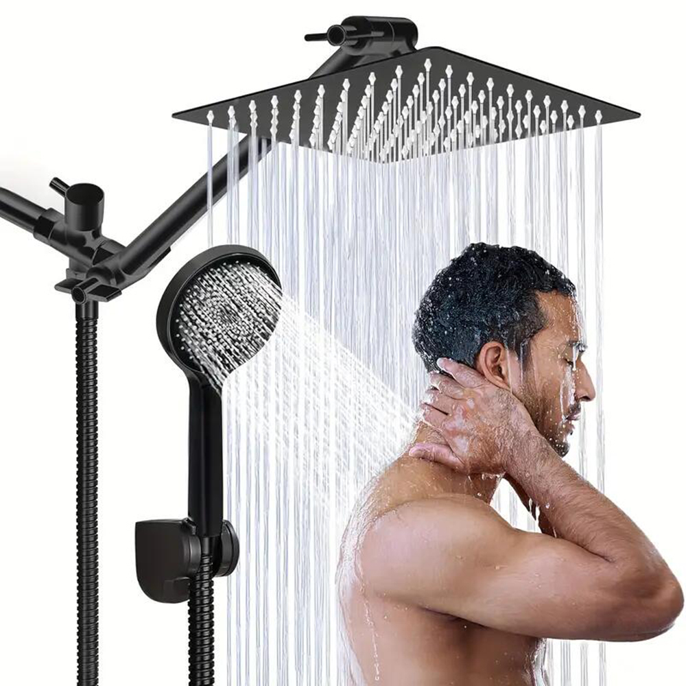 Shower Head Combo 10Inch High Pressure Rain Shower Head with 11 Inch Adjustable Extension Arm and 3 Settings Handheld Shower Head Combo with Long Hose