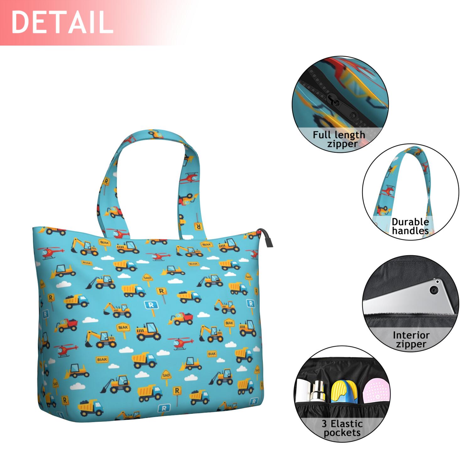 Cartoon Construction Vehicles Signs Blue Pattern Travel Tote Bags for Women Carry On,Large Weekender Bags for Women Travel,Multi Functional Duffle Bag for Work,Shopping,Sports
