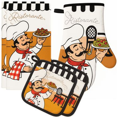Kitchen Towels Set - Chef - Pot Holders, Oven Mitt, Dish Towel Chef Classic theme - Kitchen Gifts - Kitchen Towels 5 Pack