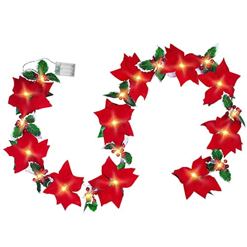 TEENMAX  Lighted Poinsettia Christmas Garland String Lights with Red  Berries and Holly Leaves, Pre-Lit Velvet Artificial Poinsettia Garland for  Christmas Decoration Indoor/Outdoor Holiday Decor 