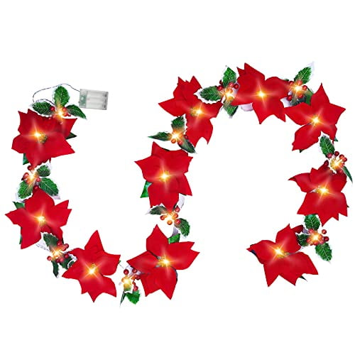TEENMAX Lighted Poinsettia Christmas Garland String Lights with Red Berries and Holly Leaves, Pre-Lit Velvet Artificial Poinsettia Garland for Christmas Decoration Indoor/Outdoor Holiday Decor TEENMAX Lighted Poinsettia Christmas Garland String Lights with Red Berries and Holly Leaves, Pre-Lit Velvet Artificial Poinsettia Garland for Christmas Decoration Indoor/Outdoor Holiday Decor