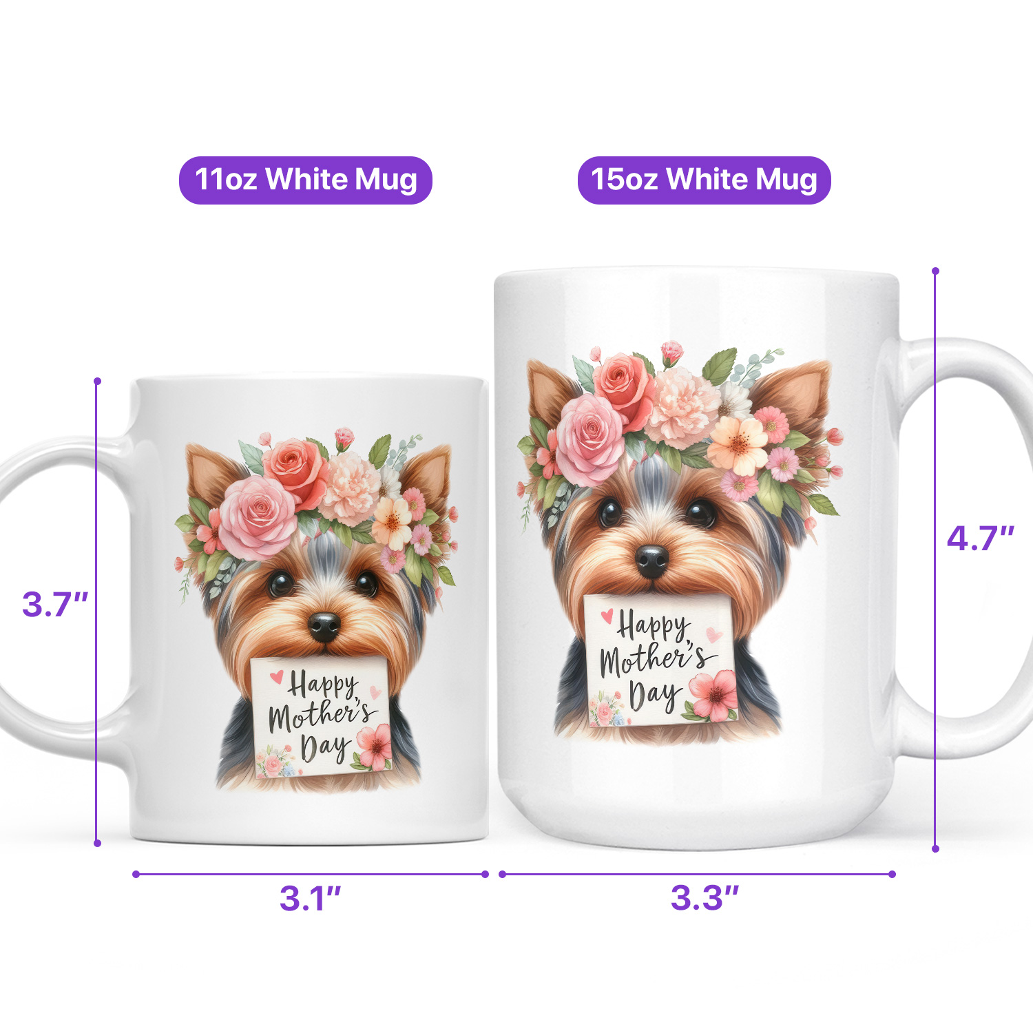 Happy Mother's Day Yorkshire Terrier with Flower Crown and Greeting Card Mug Yorkie Dog Lover Gifts Coffee Tea Cup - 13004