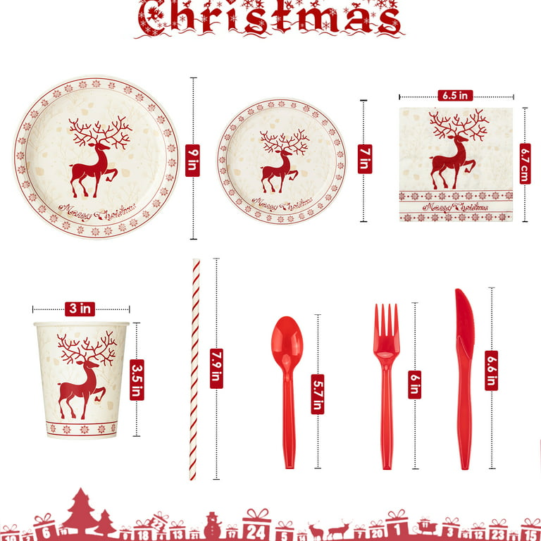 Whaline 125Pcs Christmas Party Tableware Set 7 and 9 Inch Santa Claus Paper  Plates 6.5 Inch Santa Belts Napkins Cute Xmas Disposable Cups and Red Fork