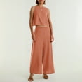 thumbnail image 3 of Conjunto de dos piezas de lino de color liso para mujer: top corto sin mangas con botones y pantalones de pierna ancha, tejido transpirable para el verano, 3 of 8