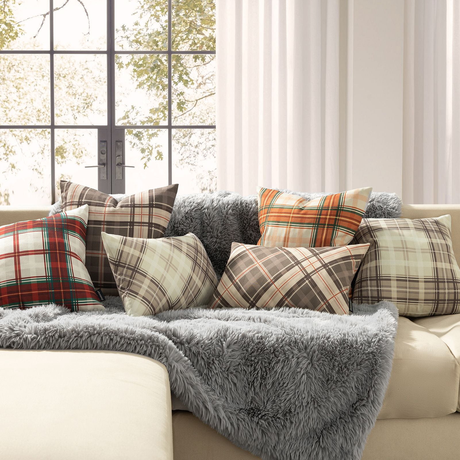 Phantoscope Buffalo Plaid Decorative Throw Pillows with Inserts, Double-Sided Printed Checkered Design, 18 x 18 in, Deep Coffee, 2 Pack