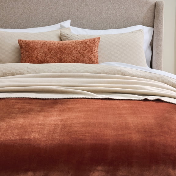 Better Homes & Gardens Luxury Velvet Plush Bonded Blanket, Dual Layer, Rust Front Beige Back, 90"x96"