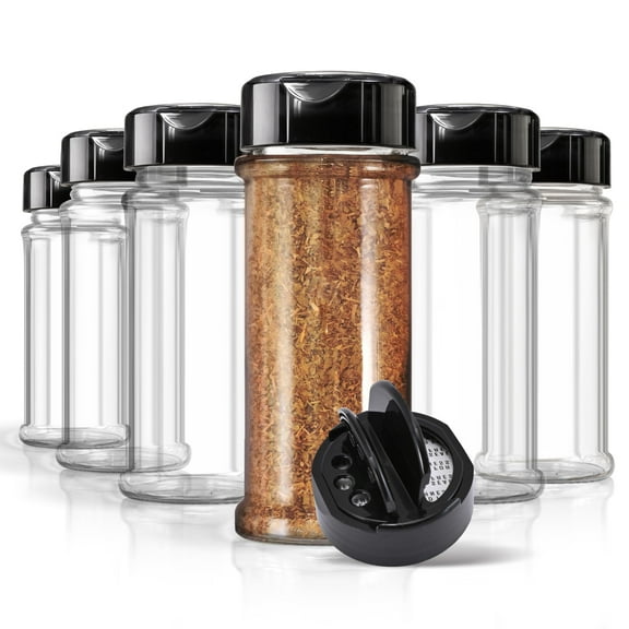 6 Pack 5.5 oz Round Plastic Spice Jars, Empty Seasoning Containers for Homemade Rub, Spices, Glitter, and More, Small Spice Containers with Black Shaker Lids and Heat Induction Liner, Clear Spice Jar