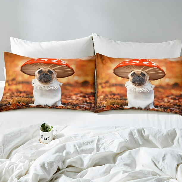 YST Cute Pug Comforter Cover Hippie Mushroom Bed Set Red Wild Fungus Duvet Cover Full Size Funny Dog Bedding Set Autumn Fallen Leaves Bedspread Cover Red White Orange Brown 3 Pieces