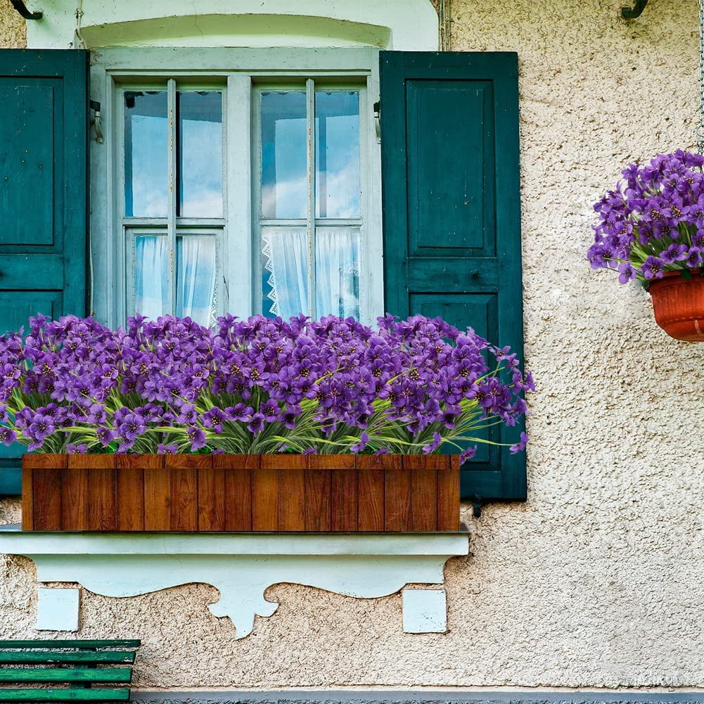 20 Bundles Outdoor Artificial Flowers UV Resistant No Fade Fake Violet Flowers for Indoor Outside Hanging Plants Garden Patio Porch Window Box Home Wedding Farmhouse Decor (Blue)