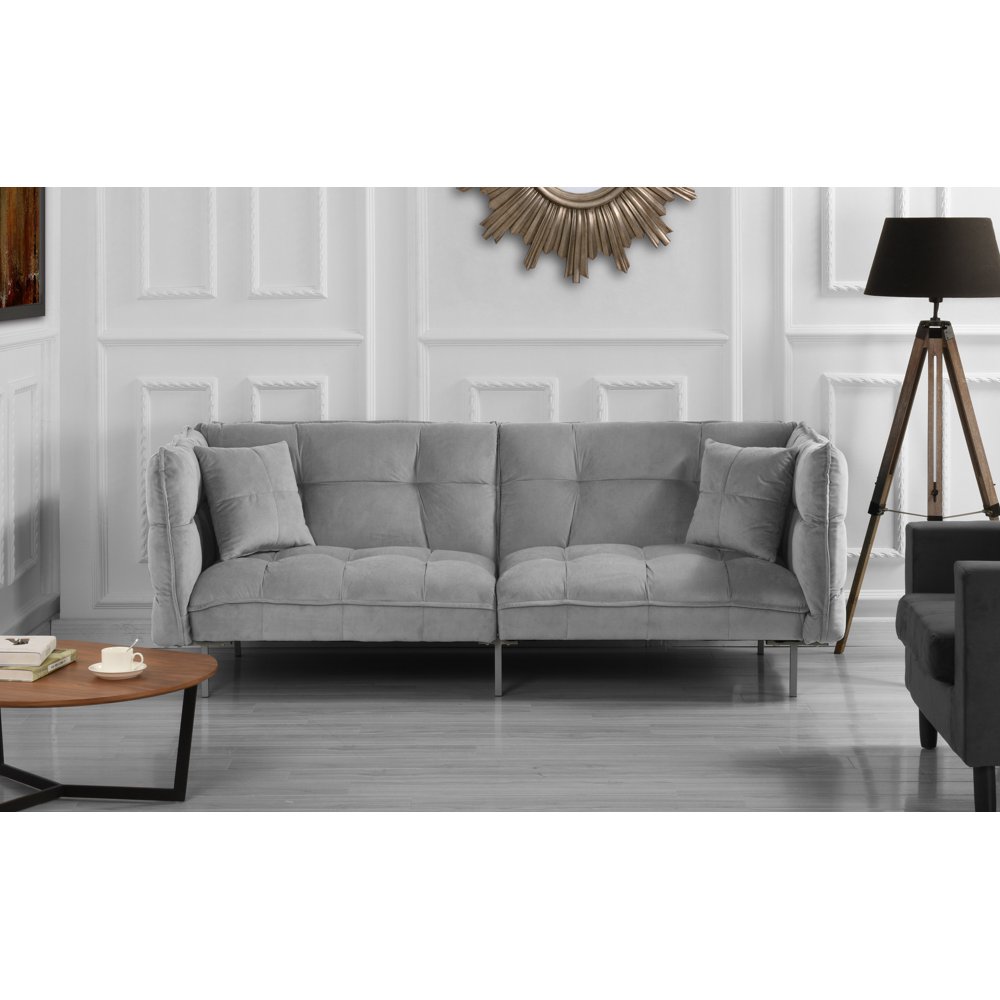 Sofamania Tufted Sofa Bed in Velvet, Gray