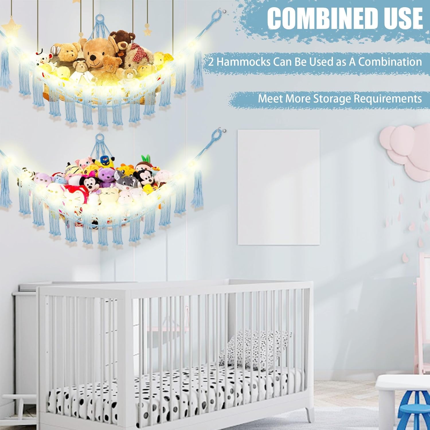 Stuffed Animal Hammock with LED Light, 2 Pack Toy Hammock for Stuffed Animals Storage for Kids, Stuffed Animal Hammock Corner, Baby Blue