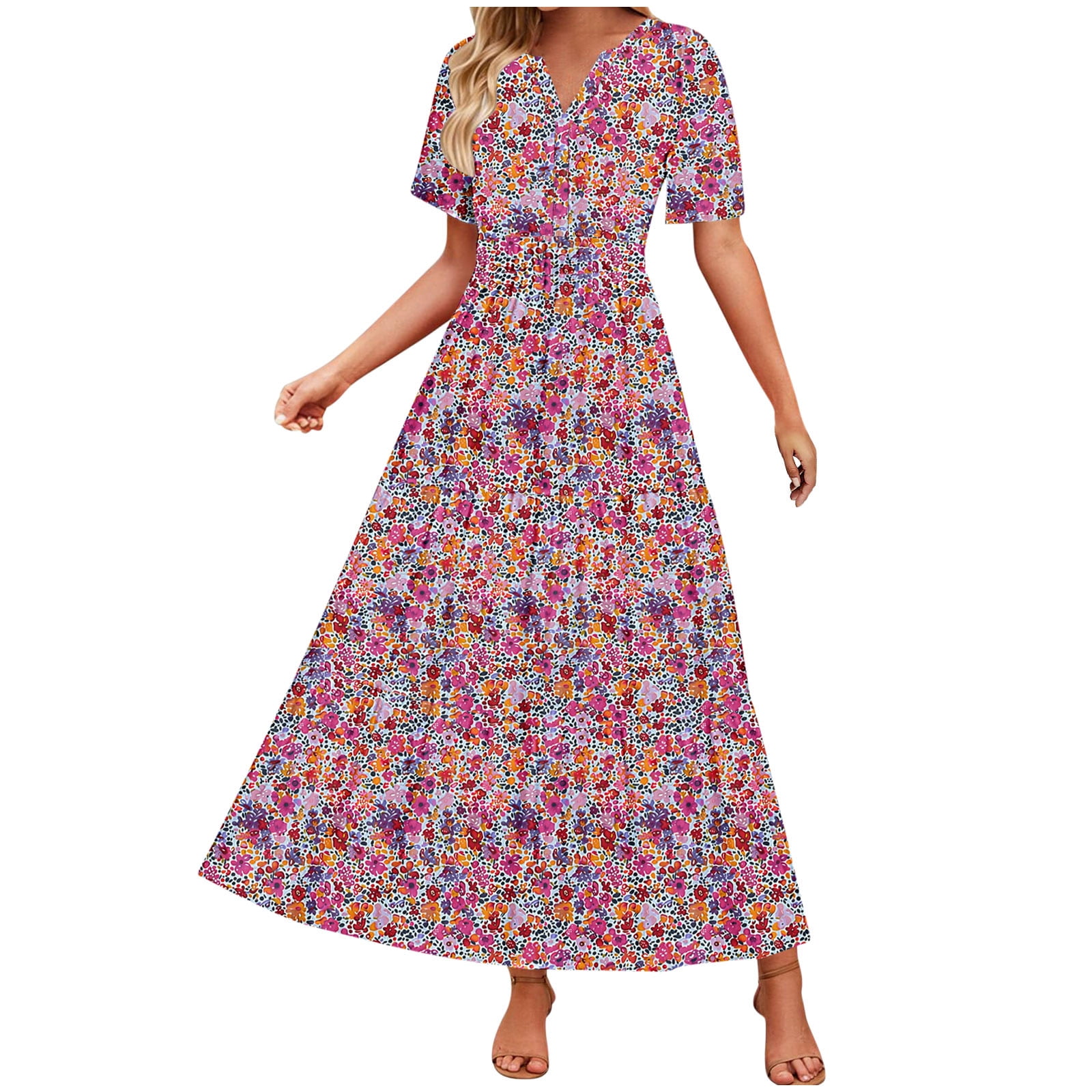 JISngxdf Women Dresses Party Elegant Trendy Print Short Sleeve V Neck Pleated Dress Elastic Waist Boho Beach Dress Pockets Long Maxi Wedding Guest