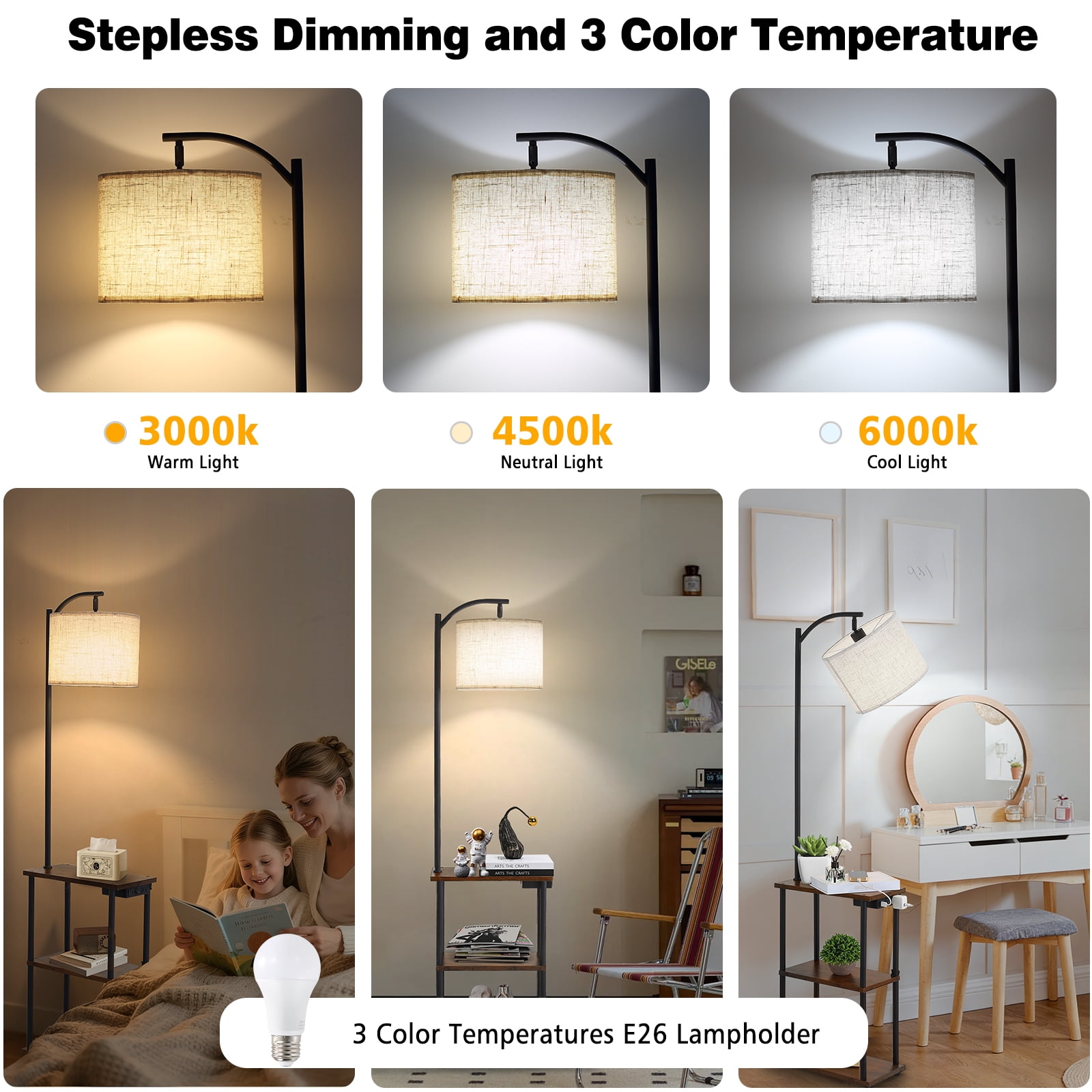 JOPESO Floor Lamp with Table, End Table for Living Room with Lamp & Charging Station(USB & Type-C & AC Port), 3 Color Temperatures LED Bulb