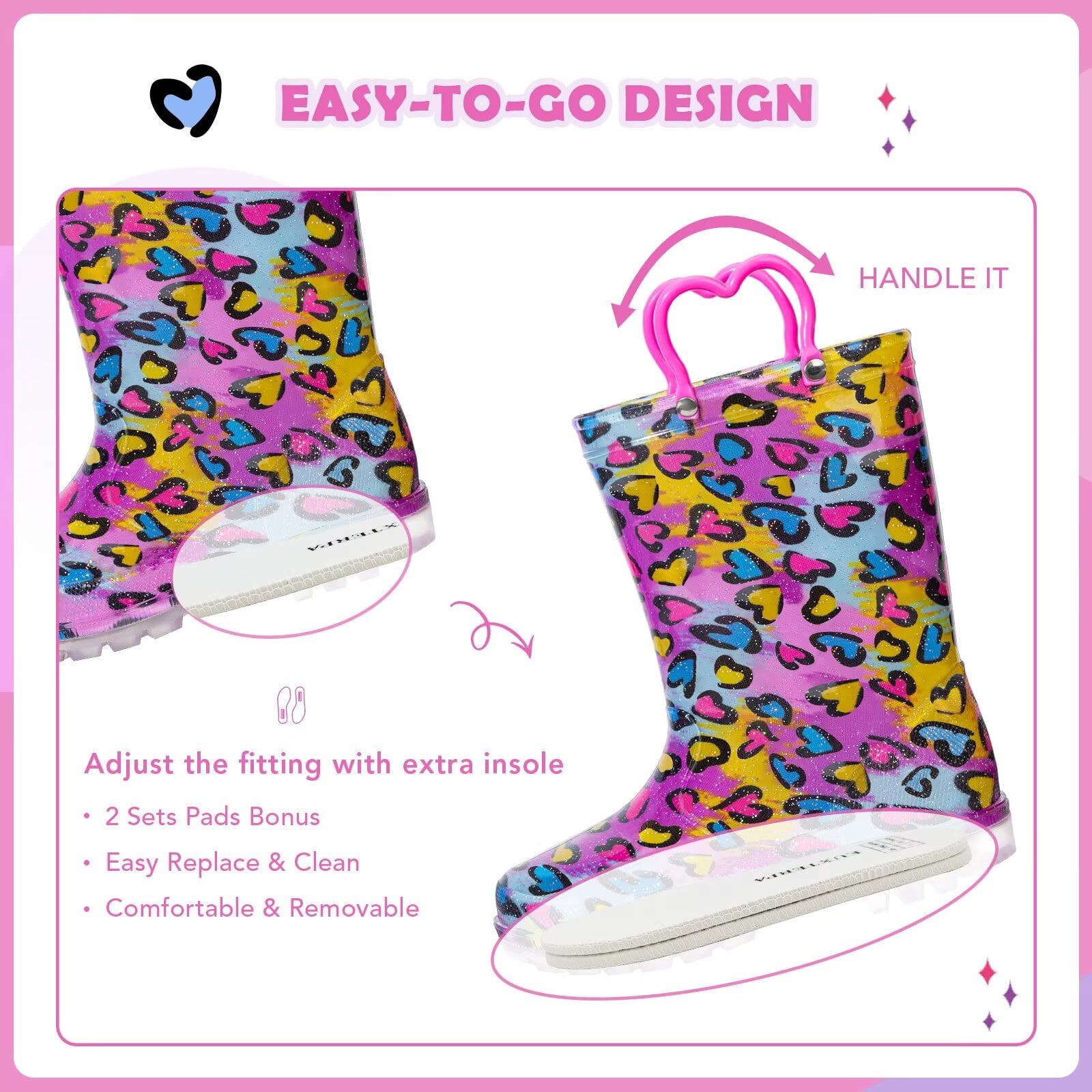 EUXTERPA Toddler Kids Light Up Rain Boots Girls Heart Waterproof Boots Toddler Size 5