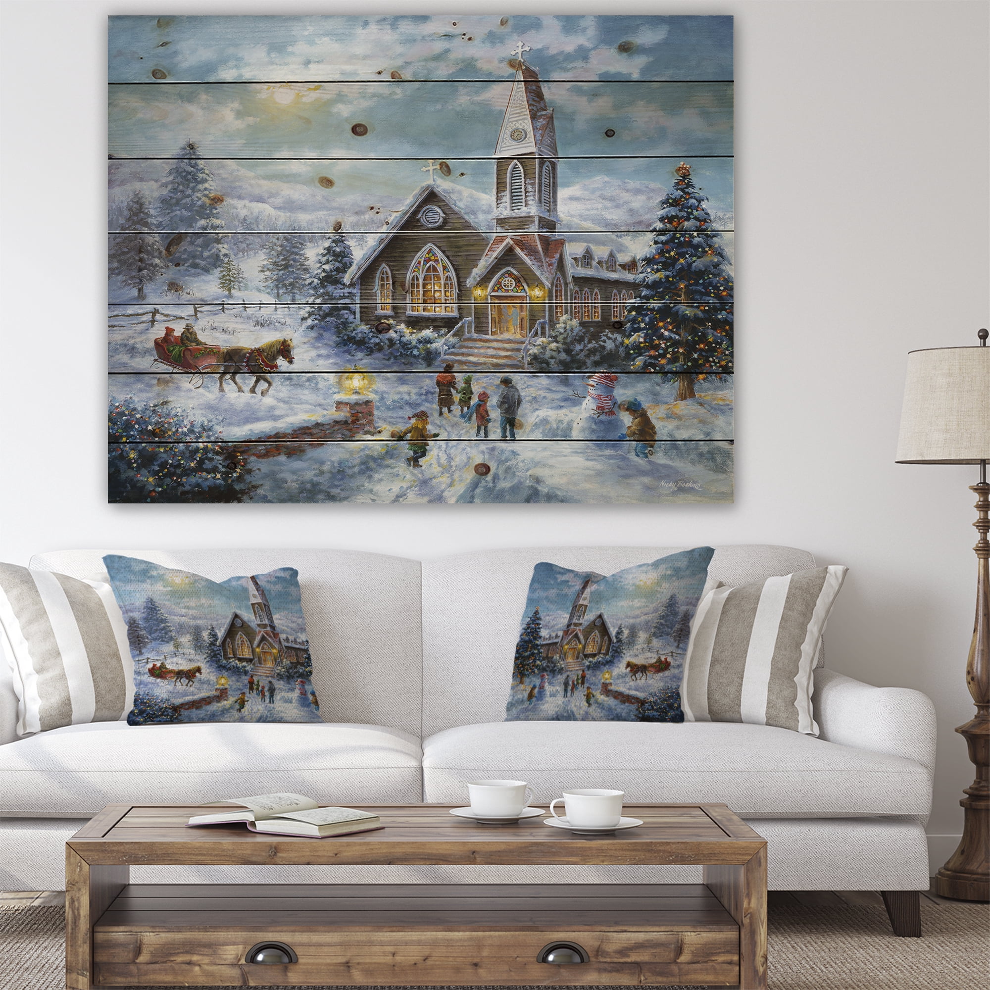 Designart 'Christmas worship, Parents Pray, Children Play' Print on Natural Pine Wood