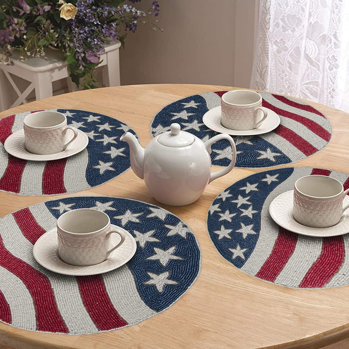American Flag Beaded Placemats Set of 8 - 4th of July Patriotic Freedom Stars Independence and Memorial Day Heat Stain Resistant Table Place Mats for Kitchen Dining Table Home Decor - 14 Inches