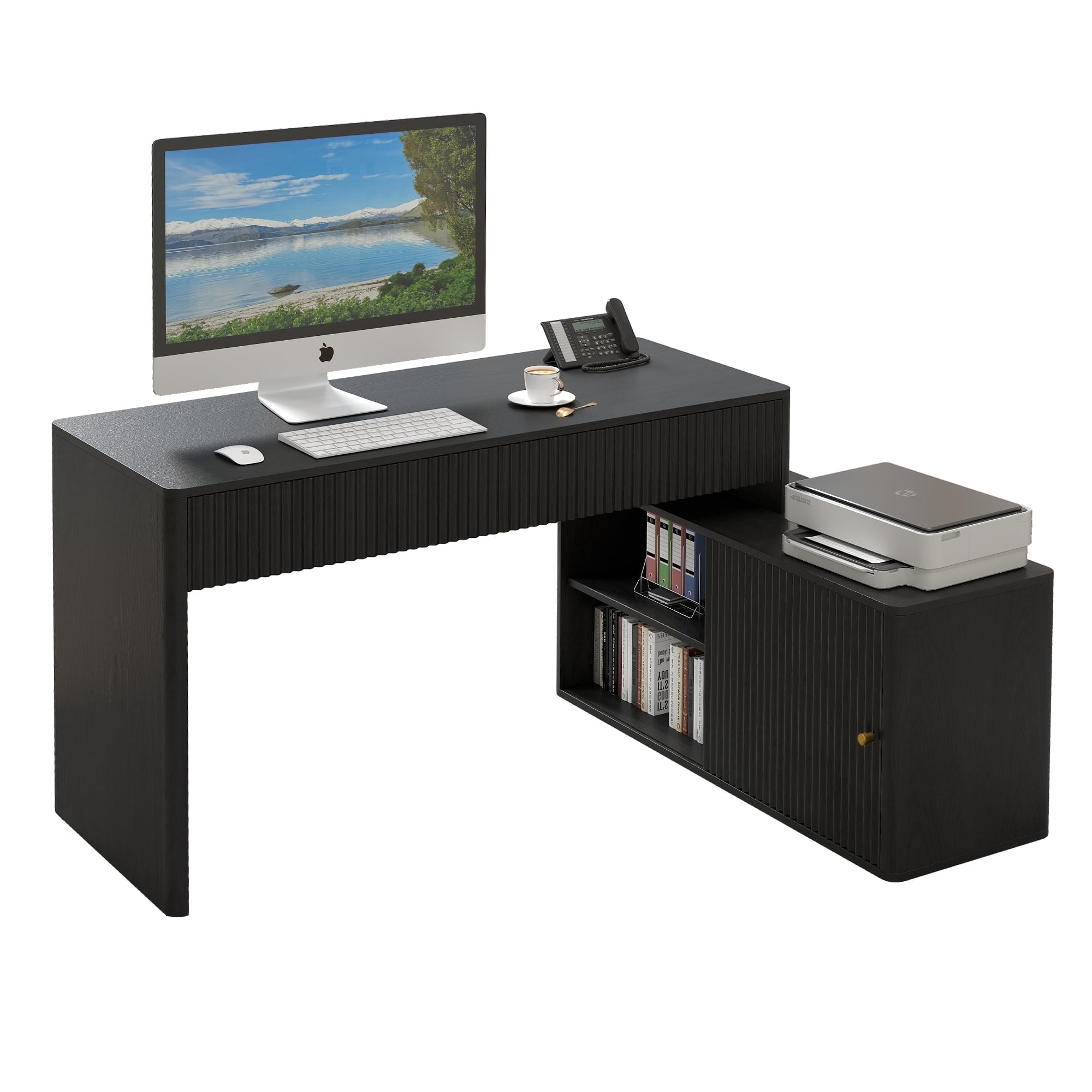 Wirrytor Modern L Shaped Desk with 2 Drawers and 2 Storage Shelves, Corner Computer Desk for Home Office, Space Saving L-Shaped Desk with Sliding Door Cabinet and Printer Stand