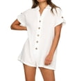 thumbnail image 2 of Wycnly Womens Jumpsuits Summer Casual Cotton Linen Button Down Shirt Short Jumpsuits Trendy Solid V-Neck Short Sleeve Mini Rompers for Women, 2 of 7
