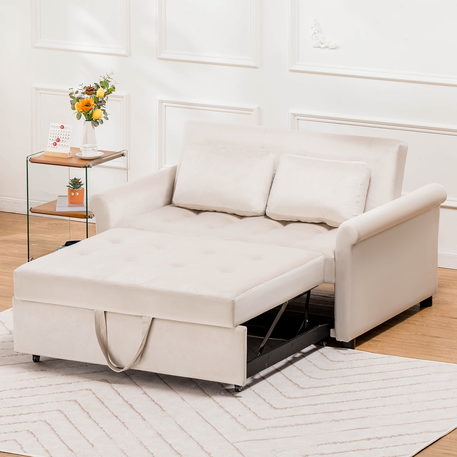 COMHOMA Convertible Sofa Bed 55'', 3-in-1 Sleeper Sofa with Pull-Out Bed, Futon Sofa with Reclining Backrest and 2 Pillows, Loveseat Sleeper Couche for Living Room, White