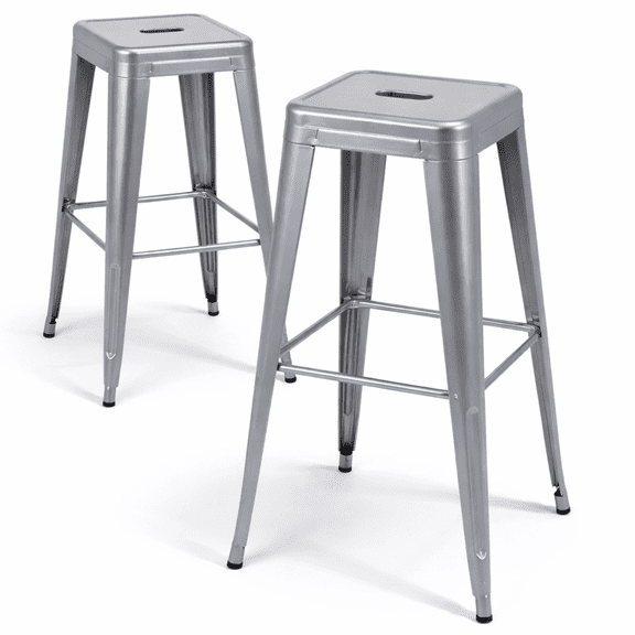Moonlight Silver Metal Bar Stools Set of 2, 30" Sleek Tech Industrial Bar Height Stools, Metallic Silver Stools for Loft, Workshop & Commercial Bar